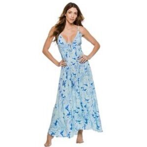 Lusana Lidoe Maxi Dress Blue Tropical Print Tie Front Resort Dress Medium